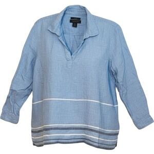 Tahari Womens Tunic Top 100% Linen Stripe Roll Tab Sleeve Blue Beachy Resort 1X